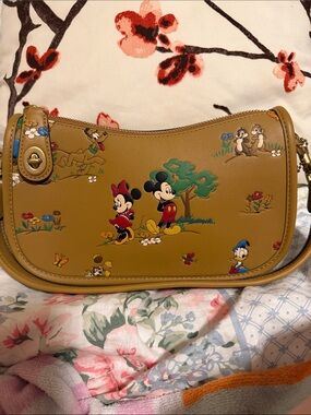 Coach Tan Leather Shoulder Bag with Disney Character Print